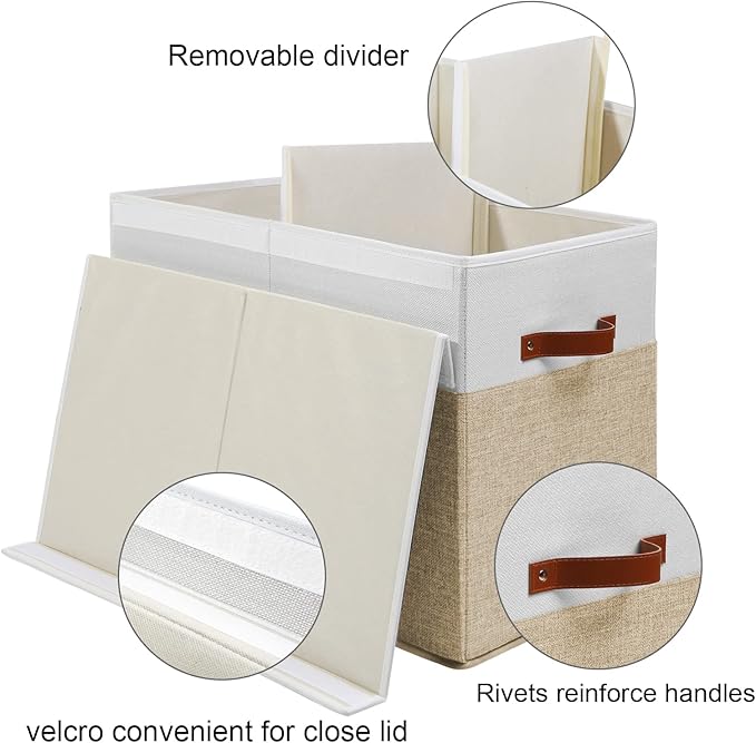 Large Toy Storage Box with Lid, Sturdy Toys Storage Chest Bin Organizer Basket with Dividers for Kids, Boys, Girls, Nursery, Closet, Bedroom, Playroom 25"x13" x16" (Beige and White)