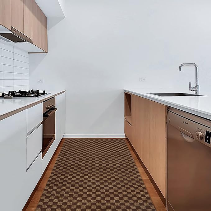 2' x 60' Runner Rugs with Rubber Backing, Indoor Outdoor Utility Carpet Runner Rugs, Checkered Brown, Can Be Used as Aisle for The RV and Boat, Laundry Room and Balcony