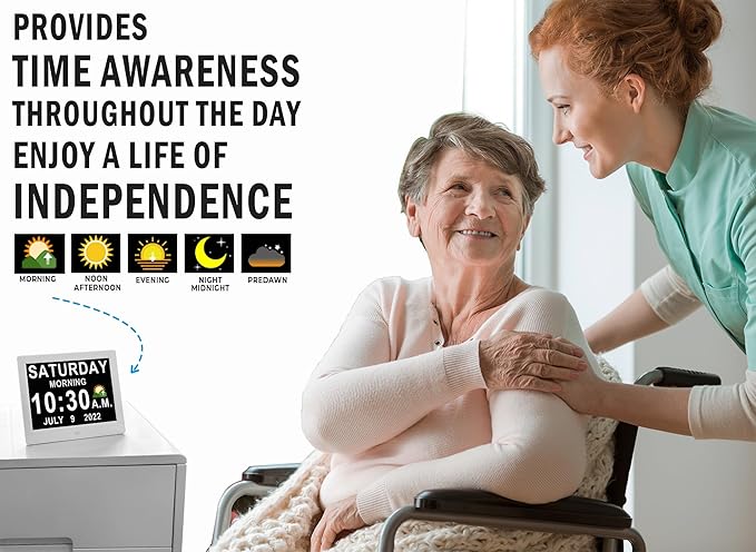 MASSII 8 Inch Extra Large Upgraded Dementia Clock 19 Alarms with Auto DST, 20 Custom Reminders,10-Level Auto Dimmer, 6 Display Modes, Digital Clock with Date and Time, 8" White with Remote