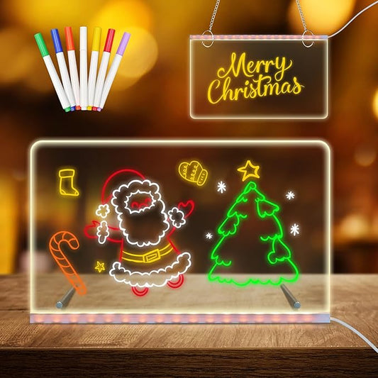 Doodle Glow LED Drawing Board - Reusable Acrylic Dry Erase Light Board with 7 Color Markers, Hangable & Standable Gift for Kids, Home, Office (11.8"x7.9")