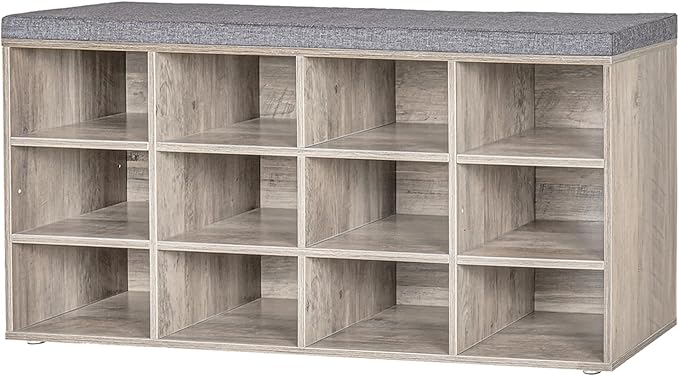 DINZI LVJ Shoe Storage Bench with Cushion, Cubby Rack with 12 Cubbies, Adjustable Shelves, Multifunctional Organizer Bench for Entryway, Mudroom, Hallway, Closet and Garage, Greige