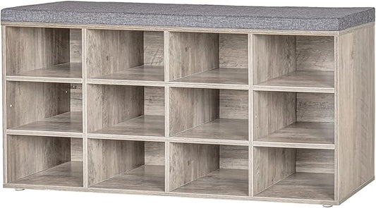 DINZI LVJ Shoe Storage Bench with Cushion, Cubby Rack with 12 Cubbies, Adjustable Shelves, Multifunctional Organizer Bench for Entryway, Mudroom, Hallway, Closet and Garage, Greige