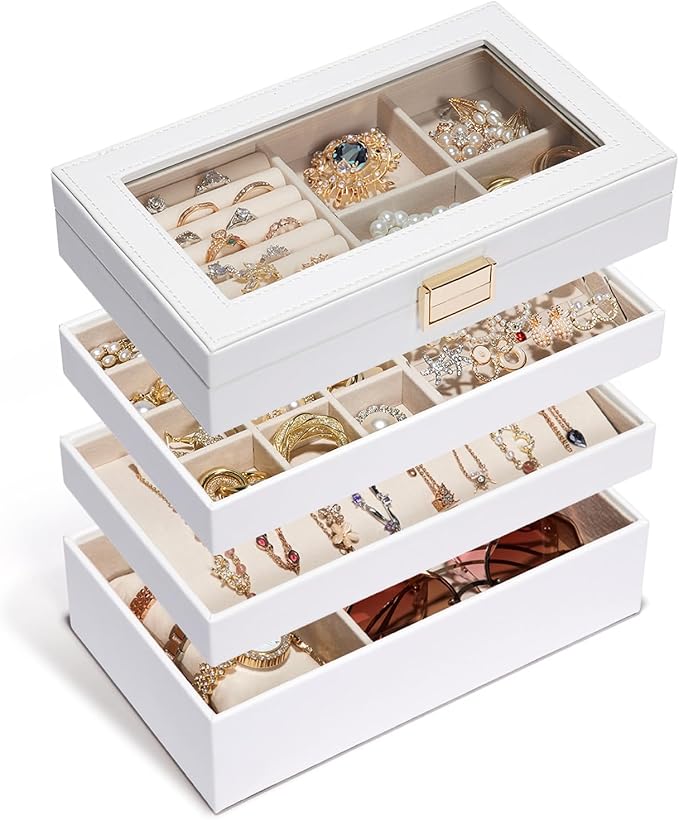 Homde Jewelry Tray Stackable Jewelry Box Drawer Organizer with Glass Lid, Removable Dividers for Vanity Table Gift Idea for Girls and Women (White)