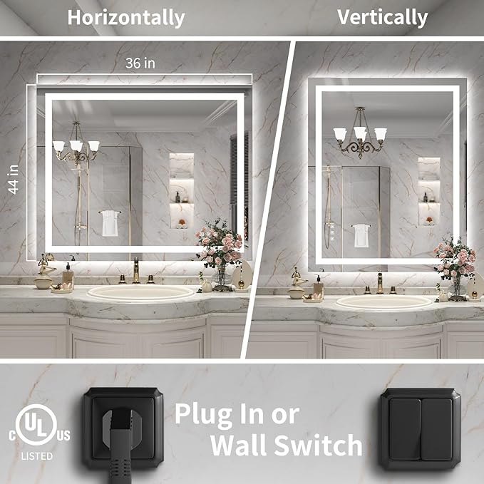 LED Mirror for Bathroom, 44x36 Inch Backlit + Front Lighted Bathroom Vanity Mirror with Lights for Wall, Double Light Strips, 3 Colors, Shatter-Proof, Anti-Fog and Brightness Memory