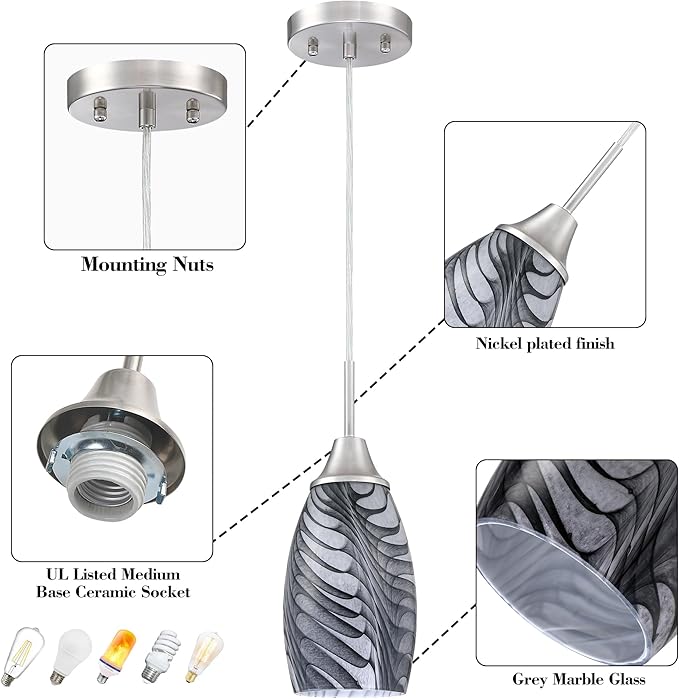 Mini Glass Pendant Light 4.72" with Handblown Black Gray Marble Art Glass Hanging Light 3-Pack Oval Ceiling Hanging Light Fixture for Dining Room Kitchen Island Cafe Foyer Hallway