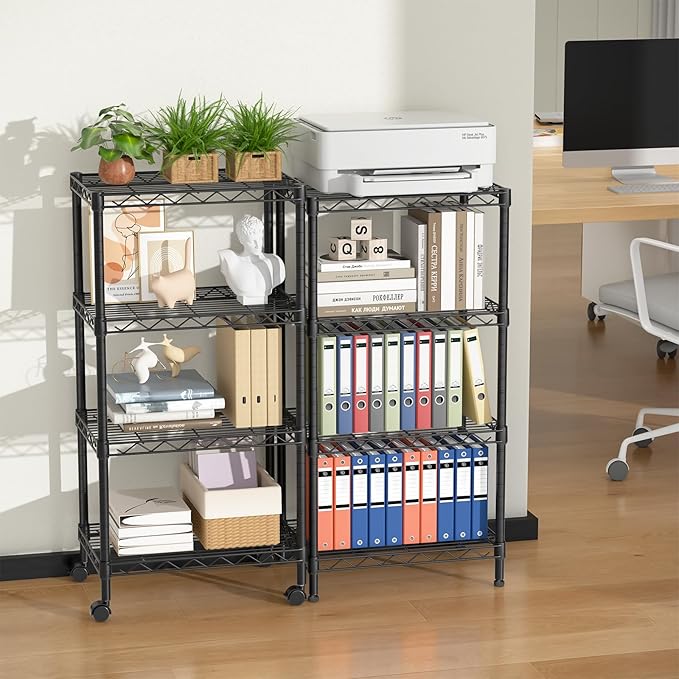 Small 4 Tier Shelves Storage Wire Shelving Unit Metal Shelf Adjustable Organizers Storage Shelving with Wheels for Bathroom Laundry Room Kitchen Pantry12”D x 18”W x 44.8”H Black