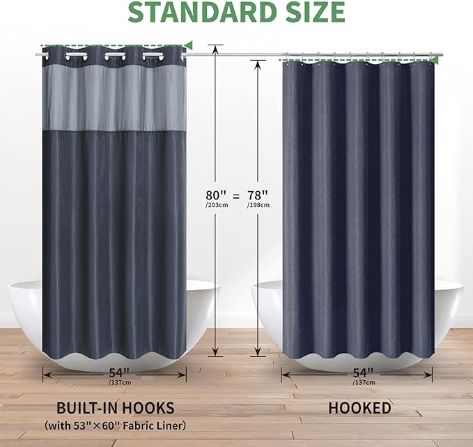 Stall No Hook Shower Curtain with Snap-in Fabric Liner Set,Waffle Weave Shower Curtains for Bathroom,Hotel Luxury Decor Bathroom Curtain Set,Waterproof & Washable,Navy,54Wx80H