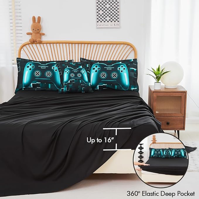 PERFEMET Gamer Bedding Set Twin Size 6-Piece Teal Blue Game Console Bed in A Bag for Boys Kids Teen 3D Black Gamepad Gaming Bedroom Collections(Teal, Twin)