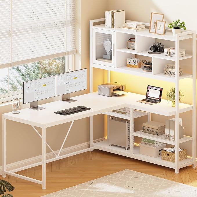 SEDETA L Shaped Computer Desk, 58'' Office Desk with LED Light and Bookshelf, L Shaped Corner Desk with Storage Shelves for Home Office, Gaming Desk, L Desk, White