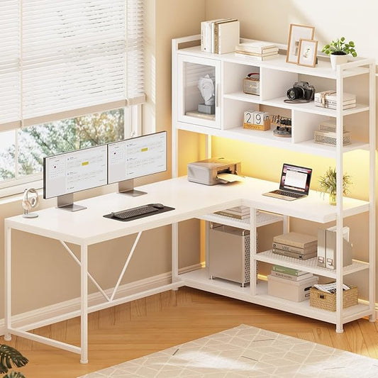 SEDETA L Shaped Computer Desk, 58'' Office Desk with LED Light and Bookshelf, L Shaped Corner Desk with Storage Shelves for Home Office, Gaming Desk, L Desk, White