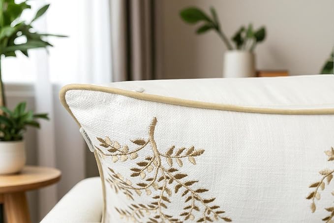 VAGMINE Embroidered Leaves Throw Pillow Cover - 18x18 Inches Square - 100% Cotton Ivory Decorative Cushion Cover - Minimalistic Pattern - Soft Neutral Accent for Sofa, Bed, Couch, Farmhouse Décor