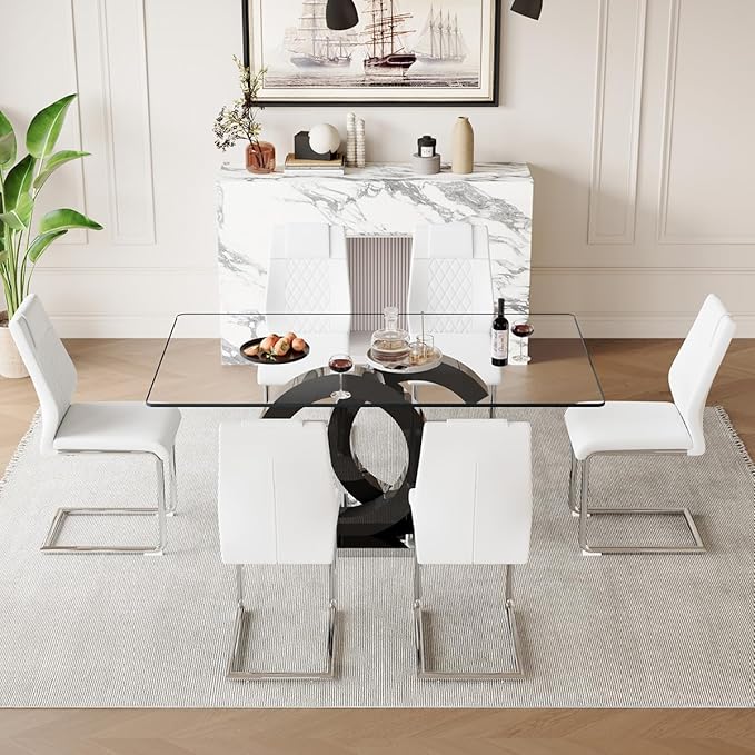 63'' Glass Dining Table Set for 6, Kitchen Table Chairs Set of 6, Clear Glass Dining Table with Black unique design Leg and Silver Metal Base, 6 PU Dining Chairs with Metal Legs, Living Room, Kitchen.