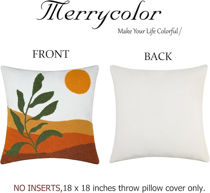 Merrycolor Boho Decorative Throw Pillow Covers Abstract Tufted Mid Century Modern Throw Pillows Green Leaf Sun Aesthetic Textured Pillow Cover Decorative Throw Pillows for Bed Couch Sofa,18x18
