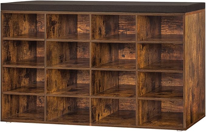 DINZI LVJ Shoe Storage Bench with Cushion, 16-Cubby Shoe Rack, Adjustable Shelves, Multifunctional Shoe Organizer Bench for Entryway, Mudroom, Hallway, Living Room, Bedroom and Garage, Rustic Brown