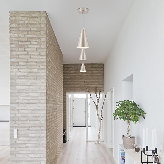 Brushed Nickel Pendant Lights Kitchen Island,Dining Room Light Fixtures Over Table 3 Pack with Silver Cone Metal Shade, Modern Farmhouse Small Chandeliers,Adjustable Cord Hanging Lighting for Sink