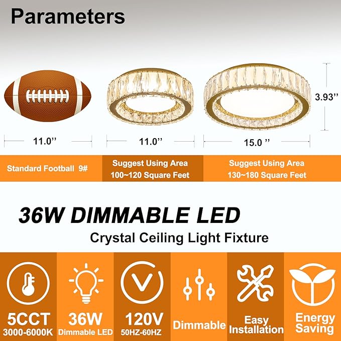 Modern K9 Crystal Dimmable LED Flush Mount Ceiling Light,15 Inch 36W/5CCT 3000K-6000K,Luxury Gold Round Large Close to Ceiling Lighting Fixtures for Living Room,Kitchen,Bedroom,Dining Room