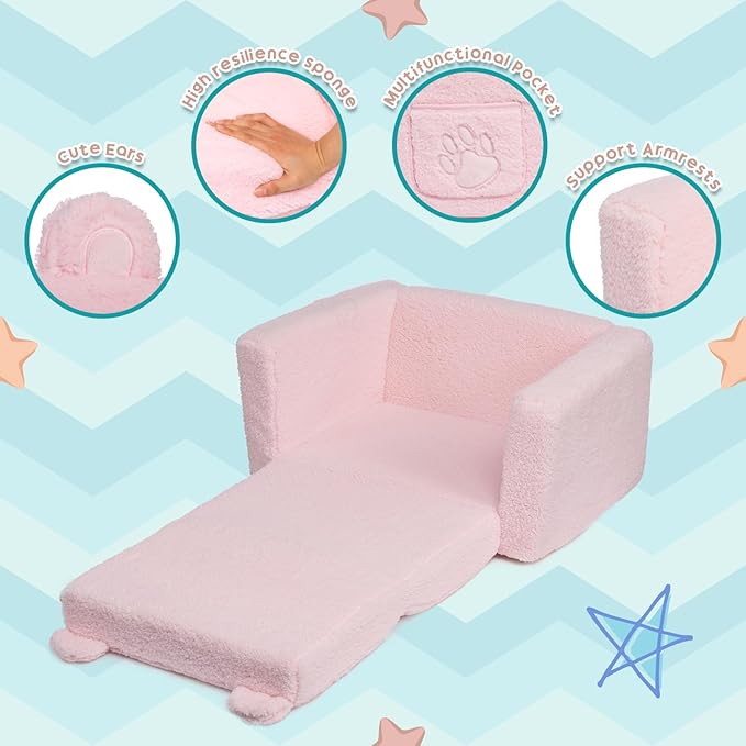 ALIMORDEN Fold Out Toddler Couch, Comfy 2-in-1 Cuddly Sherpa Bear Chair for Kids, Convertible Sofa to Lounger, Kids Cozy Corner Play Couch for Boys and Girls, Pink