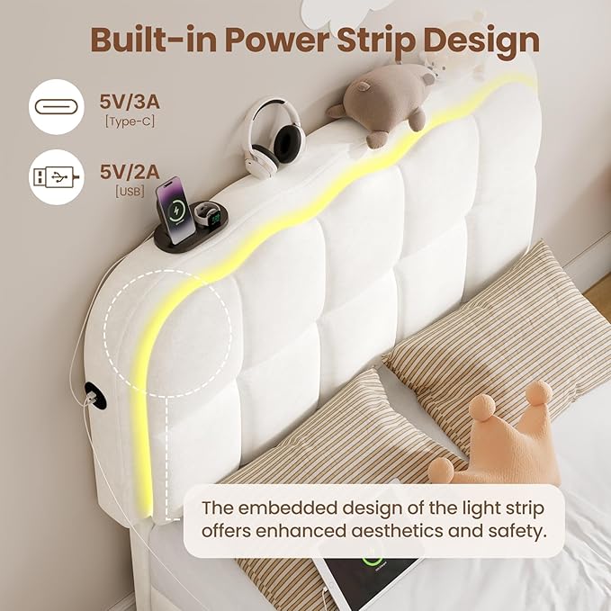 Twin Bed Frame with Storage Drawers and Headborad, Upholstered LED Twin Size Platform Bed Frame for Kids – Sturdy Metal Bed Frame Twin with Wood Slats Support, No Box Spring Needed,White