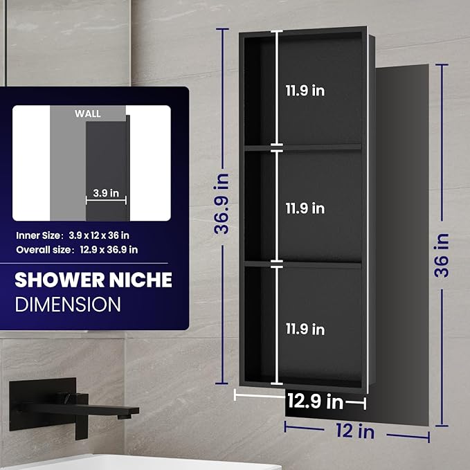 Stainless Steel Shower Niche 12" x 36", 3-Tier Shower Niches No Tile Needed, Recessed Niche for Shower Wall, Shower Niche Shelf for Bathroom Storage, Matte Black