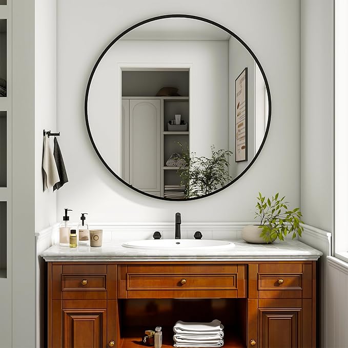 36 Inch Round Mirror - Circle Mirrors for Bathroom, Entryway and Living Room Wall Decor, Modern Hanging Vanity Mirror, Matte Black Circle Decorative Wall Mirror