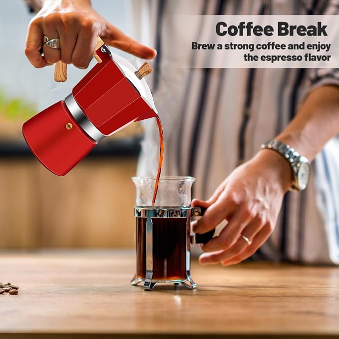 3 Cup Aluminum Moka Pot Classic Stovetop Espresso Coffee Maker 150ml 5oz Coffeemaker Percolator Mocha Pot Greca Coffee Maker Cafe Makers for Italian and Cuban Café Brewing Red