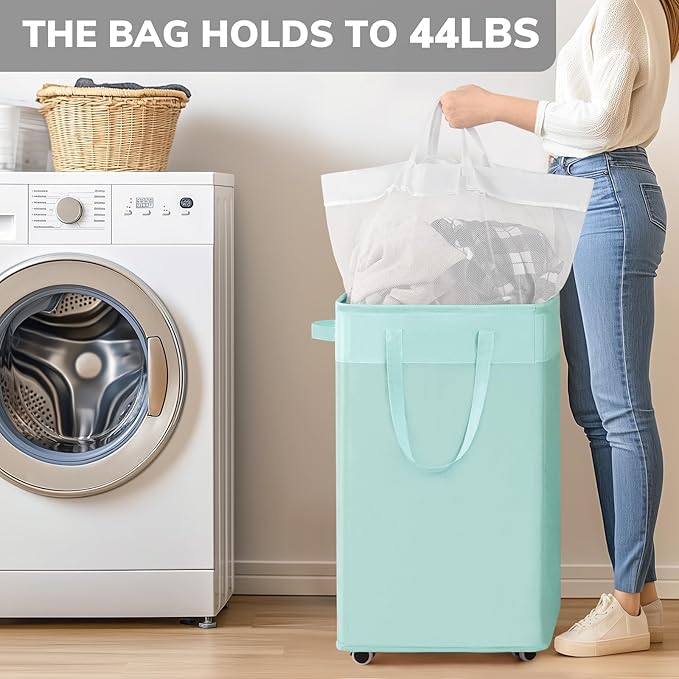 Goodpick Rolling Laundry Basket with Wheels,75L Large Collapsible Laundry Hamper with Removable Wash Bag Space for living room, Blue