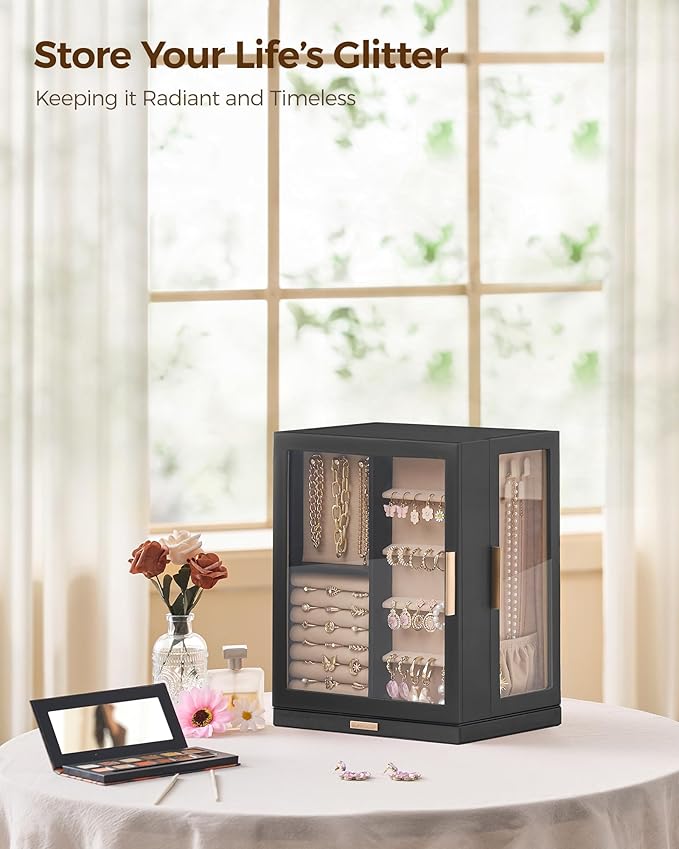 360° Rotating Jewelry Box with 5 Drawers, Spacious Vertical Jewelry Organizer with Glass Window, Jewelry Storage Case, Dustproof & Moisture-resistant Design, Black