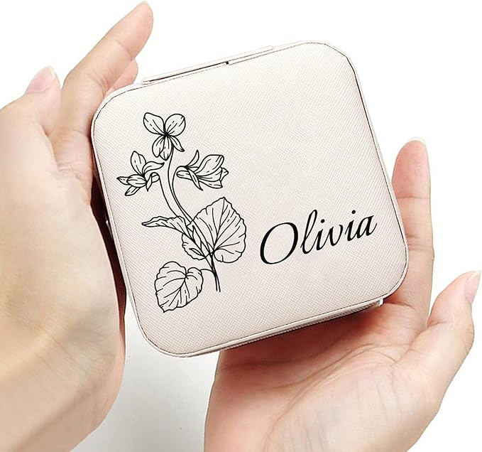 Personalized Jewelry Boxes for Women, Custom Travel Jewelry Case with Name and Birth Flower Month, Portable Jewelry Box Organizer for Mom Birthday Gifts (Not customizable)