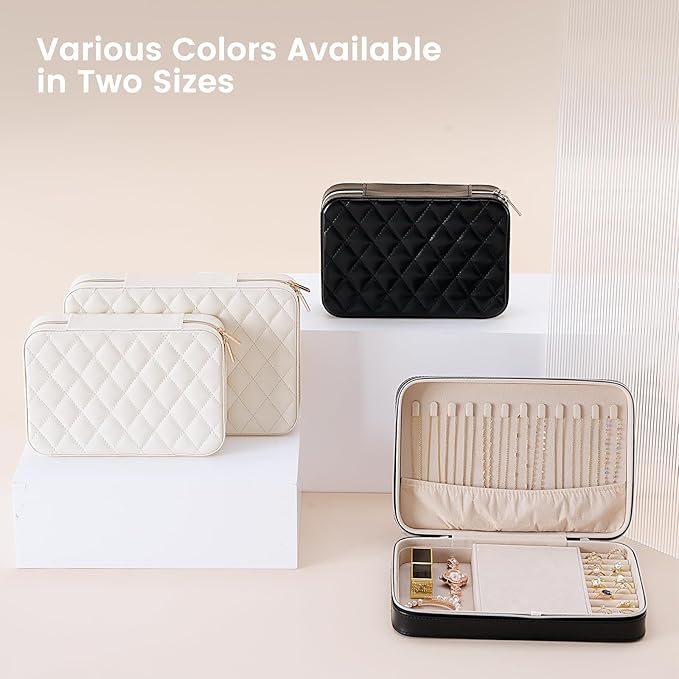 Lolalet Travel Jewelry Case for Women, Travel Jewelry Organizer Box with Mirror & Clear Storage Bag, Small Portable Traveling Earring Necklace Bracelet Ring Case, Bridesmaid Gifts -Large, Black