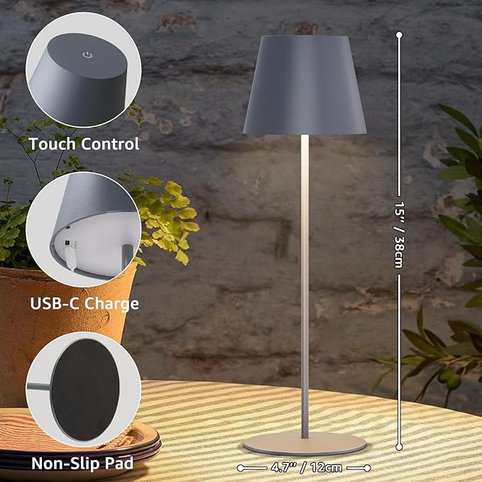 uuffoo 2 Pack Cordless Rechargeable Table Lamps Battery Operated Outdoor Table Lamps with 3 Colors Stepless Dimming, Desk Night Light for Restaurant, Patio, Bedroom, Bar (Gray)