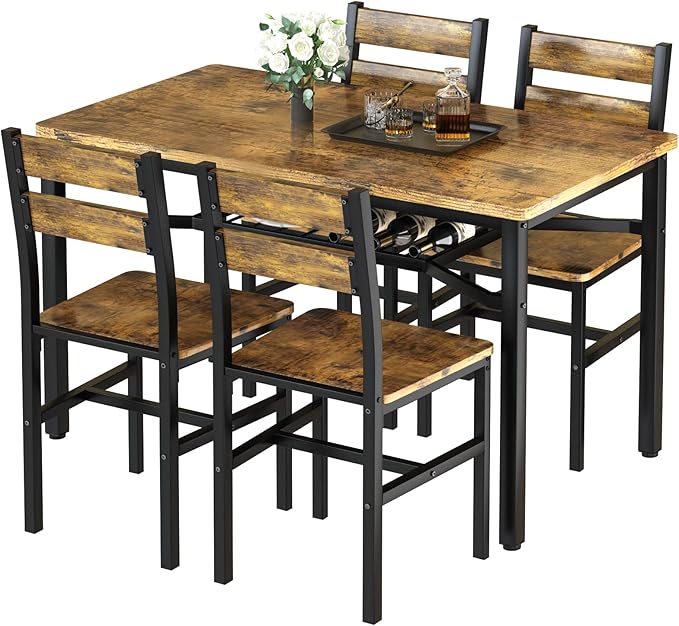Hooseng Dining Table Set for 4, Wood Kitchen Table Chairs Set with Storage, Farmhouse 5 Piece Dining Room Table Set, Space-Saving Dinette Set for Breakfast Nook, Apartment