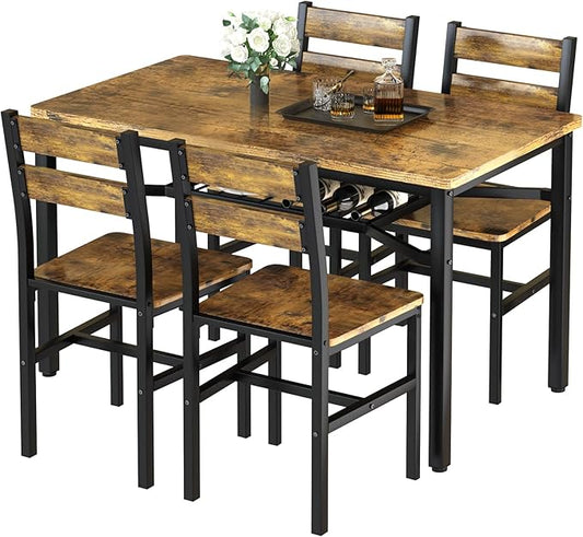 Hooseng Dining Table Set for 4, Wood Kitchen Table Chairs Set with Storage, Farmhouse 5 Piece Dining Room Table Set, Space-Saving Dinette Set for Breakfast Nook, Apartment