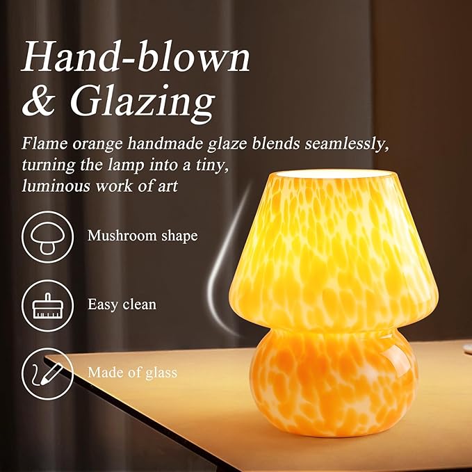 Flame Orange Mushroom Table Lamp – Mid-Century Modern Small Bedside Light for Bedroom & Living Room | Cute Mini Nightstand Lamp with Aesthetic Decor, Blending Retro Charm