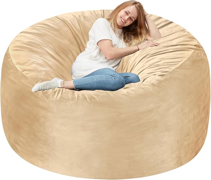 Homguava 6FT Bean Bag Chair Giant BeanBag with Memory Foam Filled, Large Bean Bag Chairs for Adults, Adult Bean Bag Chair with Dutch Velvet Cover for Living Room Bedroom-Khaki