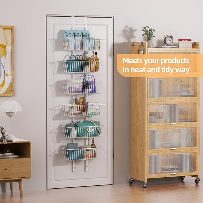 6 Tier Over the Door Pantry Organizer, Foldable Metal Over the Door Hanging Spice Rack with 6 Baskets, Adjustable Hanging Storage Rack for Kitchen, Bedroom, Laundry Room, Bathroom Essentials, White