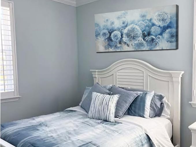Arjun Flower Wall Art Indigo Blue Dandelion Floral Canvas Painting Watercolor White Textured Modern Artwork Large Framed for Living Room Bedroom Dinning Room Bathroom Home Office Wall Decor, 48"x24"