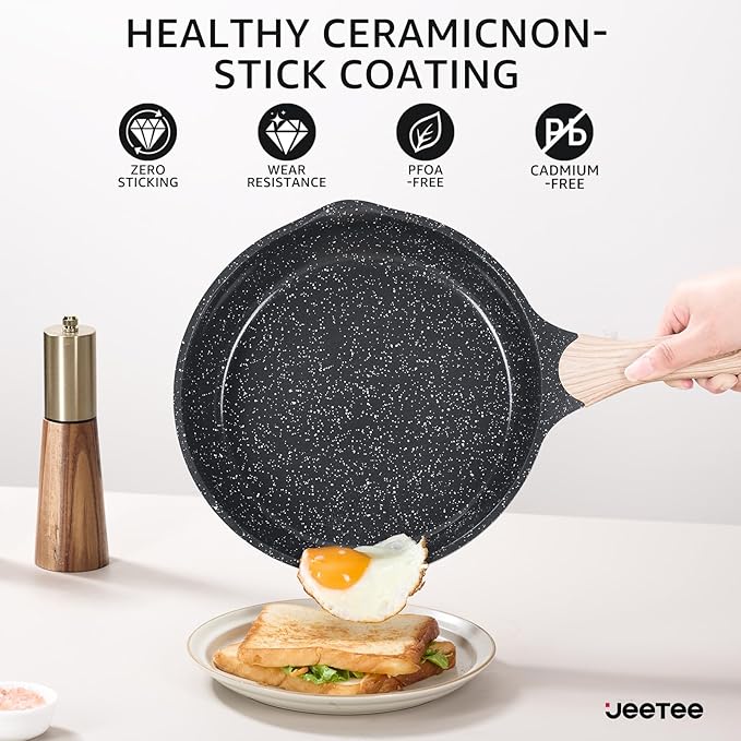 JEETEE 24Pcs Ceramic Cookware Set, Gray Pots and Pans Set Non Stick, Kitchen Healthy Non Toxic Induction Cookware Sets W/Saucepans, Sauté Pan, Griddle, Crepe Pan & Pancake Rake (PFOA, PFAS, PFOS Free)