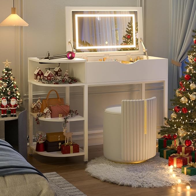 Cyclysio Vanity Desk with Flip Top Mirror and Lights, Makeup Vanity Desk with Drawers, Dressing Table with Storage Shelves & Charging Station, Small Vanity for Small Spaces, White