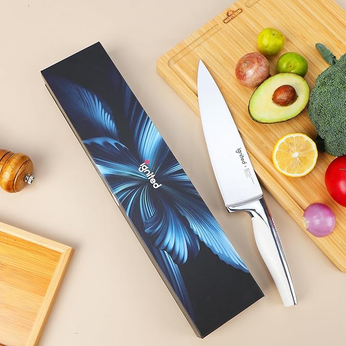 8 inch Mirror Polished Chef Knife, German 1.4116 High Carbon Stainless Steel Chefs Knife with White ABS & Stainless Steel Handle, Razor Sharp Kitchen Knife for Home & Restaurant