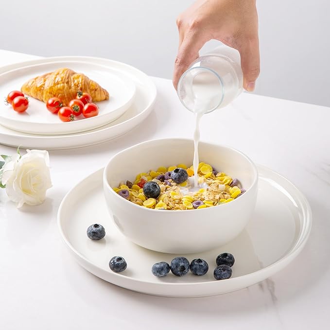 LERATIO Ceramic Dinnerware Sets for 6,Plates and Bowls Sets,Handmade Reactive Glaze Dishes Set,Chip Resistant and Scratch Resistant | Oven&Dishwasher & Microwave Safe- White &Wave(18PCS)