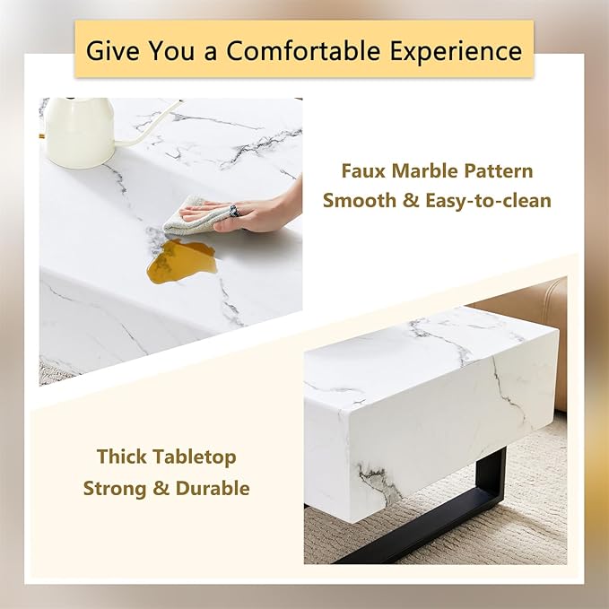 47'' Rectangle Coffee Table for Living Room, Marble Pattern Desktop, Stable Metal Tea Table Legs for Dining Room Apartment Small Space (White)