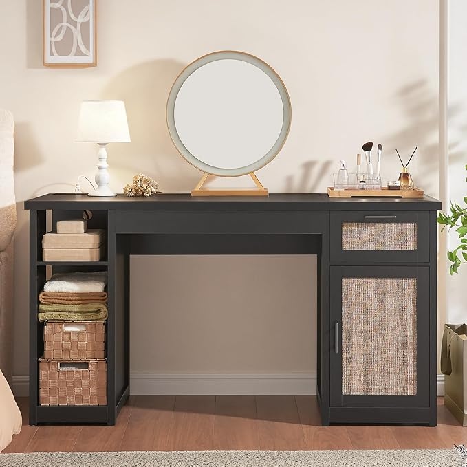 SEDETA 55.1" Rattan Computer Desk with Drawers, Office Desk with Drawers & Storage Cabinet, Farmhouse Home Office Desk with Storage, Wood Writing Desk with Power Outlets for Home Office, Black