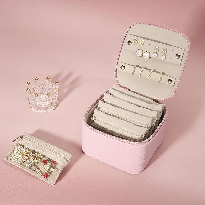 DesignSter Small Jewelry Box, Travel Small Jewelry Organizer with Earring Tray and Ring Holder,Square Travel Jewelry Storage Case with 6 Velvet Jewelry Pouches, Pink