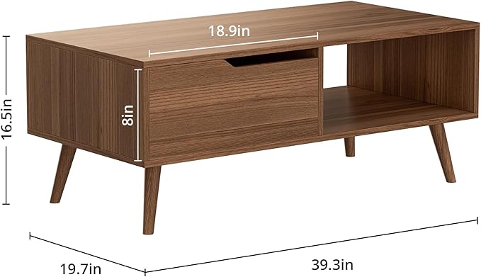 Brown Coffee Table, Mid Century Modern Coffee Table with Drawer & Shelf, 39'' Wooden Simple Console Table for Living Room
