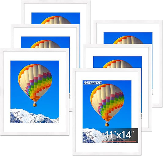 FIXSMITH 11x14 Picture Frame Set of 6, White Photo Frames Bulk with HD Plexiglass, Display Pictures 8x10 with Mat or 11x14 Without Mat, Multi Picture Frames Collage for Wall Decor