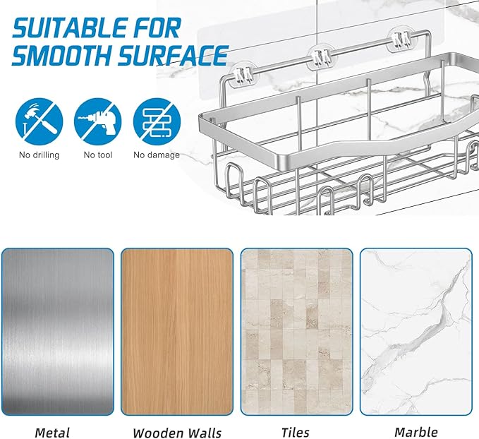 Adhesive Shower Caddy, No Drilling Bath Organizers 5 Pack, Rustproof Shelves with Soap Holder & Toothbrush Holder, Bathroom Organizers and Storage, Silver