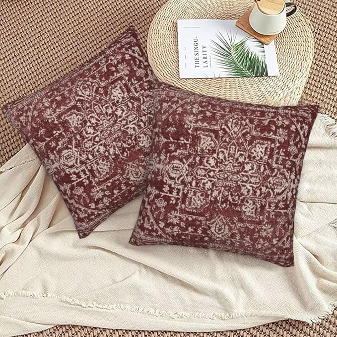 Boho Pillow Covers 16 x 16 Inch Set of 2, Bohemian Burgundy Carpet Pattern Decorative Throw Pillows Ethnic Rustic Farmhouse Cushion Cases Linen Gifts for Couch Sofa Outdoor Decor
