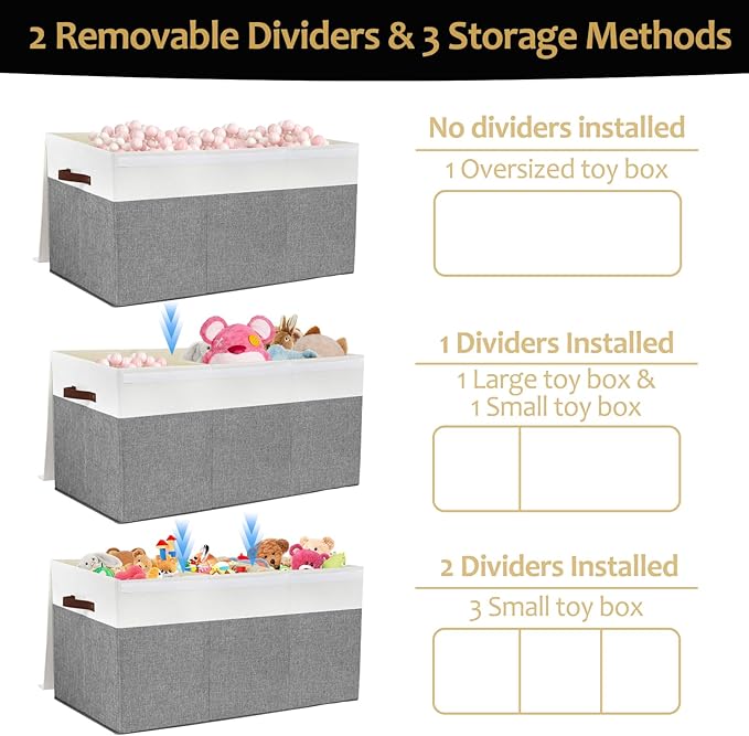 Extra Large Toy Storage Box with Lid, Sturdy Toys Storage Chest Bin Organizer Basket with Dividers for Kids, Boys, Girls, Nursery, Closet, Bedroom, Playroom 35.5"x17" x17"(Grey and White)