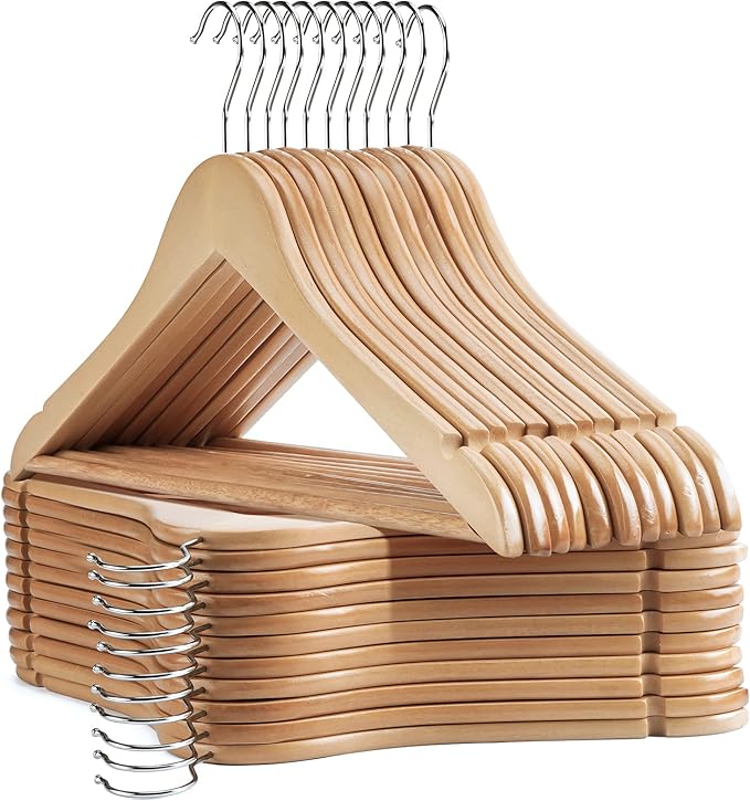 Wooden Hangers 20 Pack Slim Coat Hangers for Closet with Smooth Finish,Shirt,Suit,Dress,Heavy Duty Clothes Hanger Natural