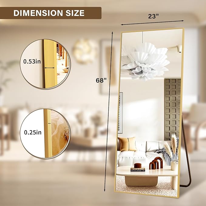 68"x 24" Full Length Mirror with Stand, Large Wall-Mounted or Leaning Floor Mirror with Aluminum Alloy Frame, Rectangular Wall Mirrors for Bedroom, Entryway, and Living Room Decor, Gold